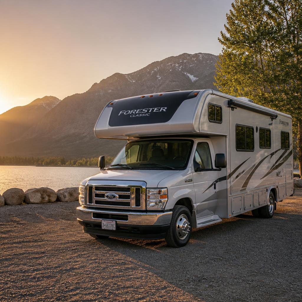Happy family in front of their RV